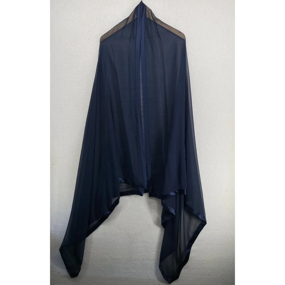 Silk Scarf Chiffon Shawl Wrap Sheer Rectangular Satin Trim Oversized 90x40 Blue